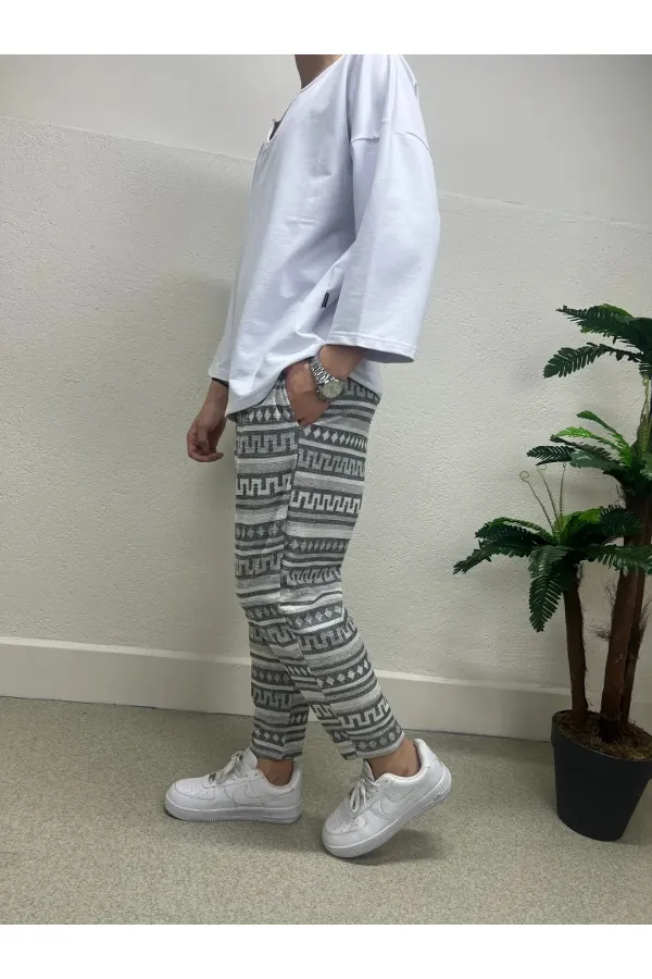 Erkek Ekru Etnik Desenli Beli İp Bağlamalı Düz Kesim Cepli Pantolon Eşofman Altı HZL24S-MXC8948-245