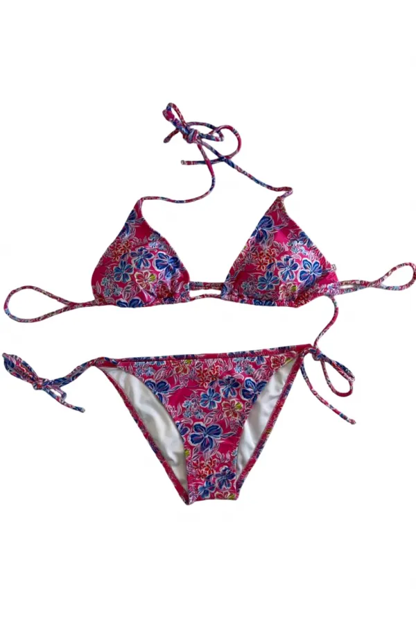 Women's Pink Floral Patterned Halter Neck Triangle Bikini Set HZL25S-LC5005