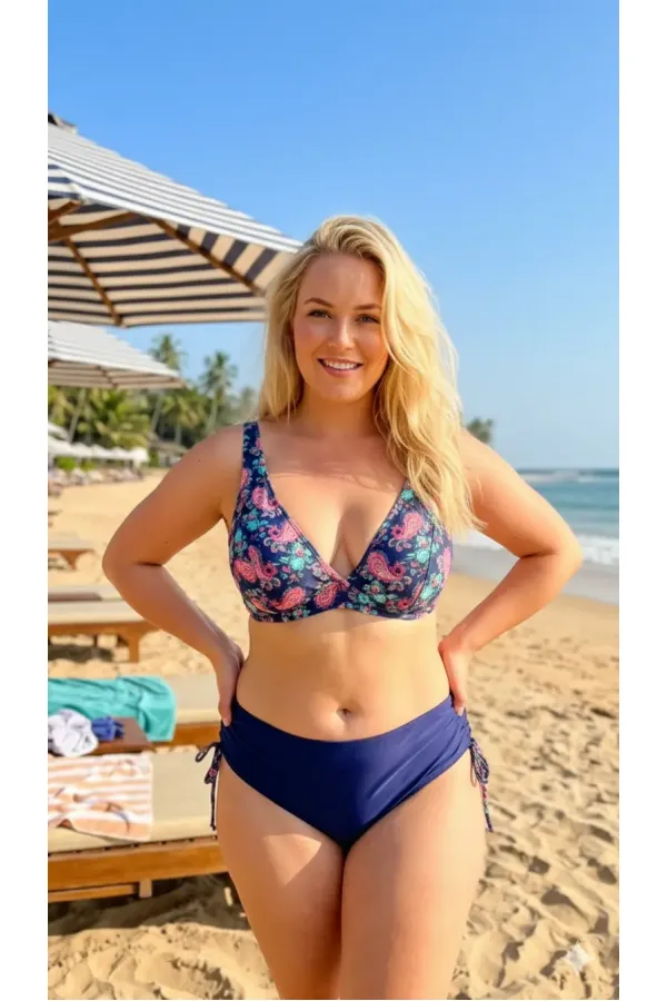 Kadın Lacivert Pembe Paisley Desenli  Astarlı Büyük Beden Bikini Takımı HZL26S-LC3341