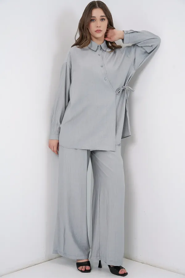 Ensemble deux pièces tunique et pantalon à lacets pour femme 6752 - Gris