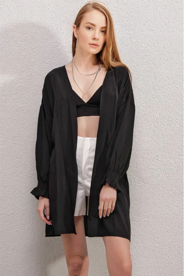 Women's Black Ruffle Sleeve Elastic Loose Kimono HZL23S-BD158821