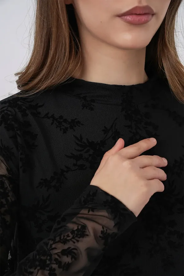 Chemisier à manches longues à motifs pour femme 983 - Noir