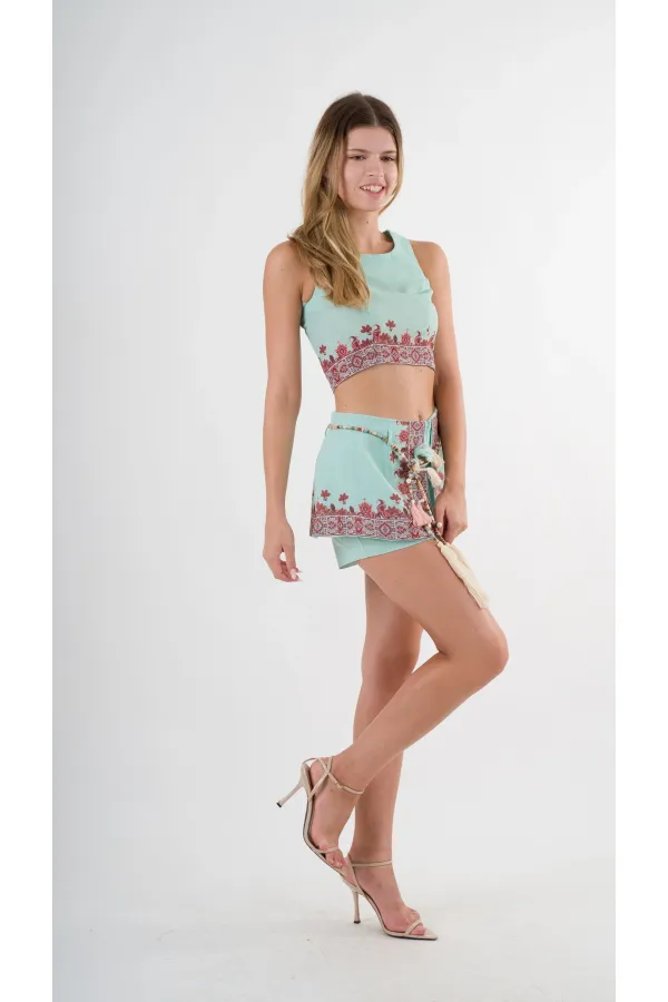 Kadın Su Yeşili Etnik Desenli Beli Kuşaklı Bluz Şort İkili Takım HZL24S-YY261