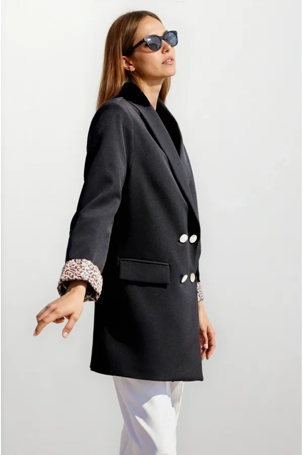 Blazer noir à boutons et doublure léopard pour femme HZL25W-BD107041