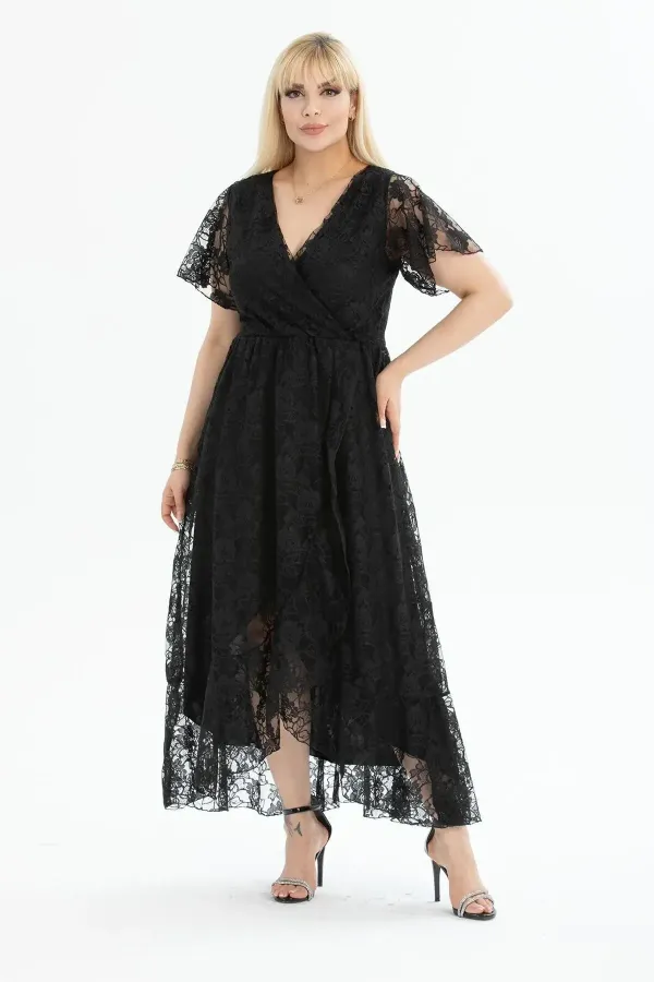 Kadın Siyah Büyük Beden V Yaka Astarlı Dantel Detaylı Şık Abiye Elbise HZL26S-PR11071
