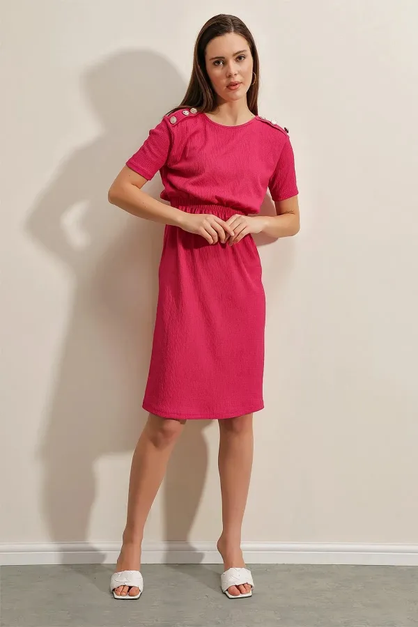 Women's Fuchsia Elastic Waist Button Detailed Casual Knit Dress HZL22S-BD123751