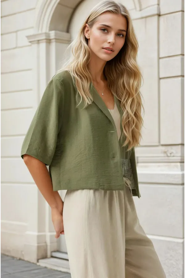 Veste Ayrobin en lin kaki à manches courtes et col châle pour femme, boutonnée, HZL24S-BD107061
