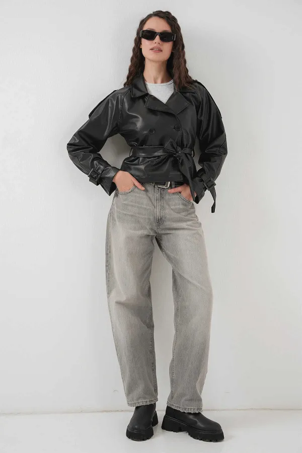 Veste en similicuir doublée noire avec ceinture pour femme HZL25W-BD110461