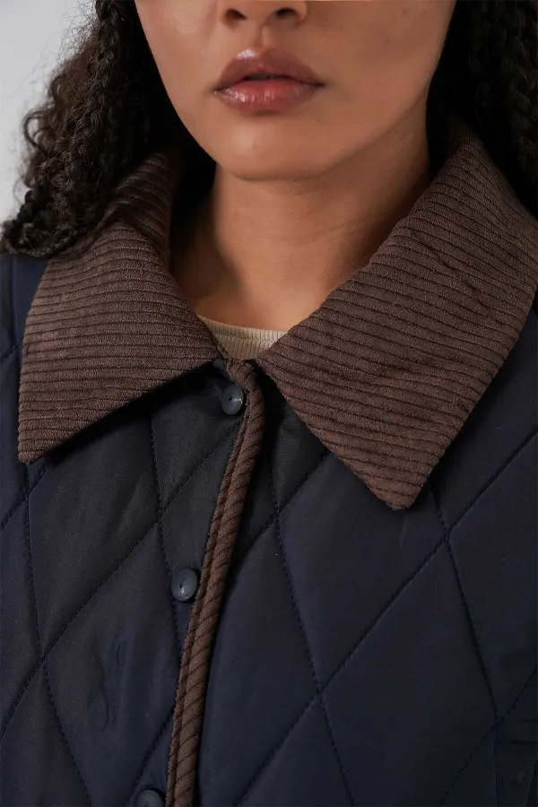 Manteau matelassé en velours bleu marine pour femme, avec fermeture à pression HZL25W-BD152261