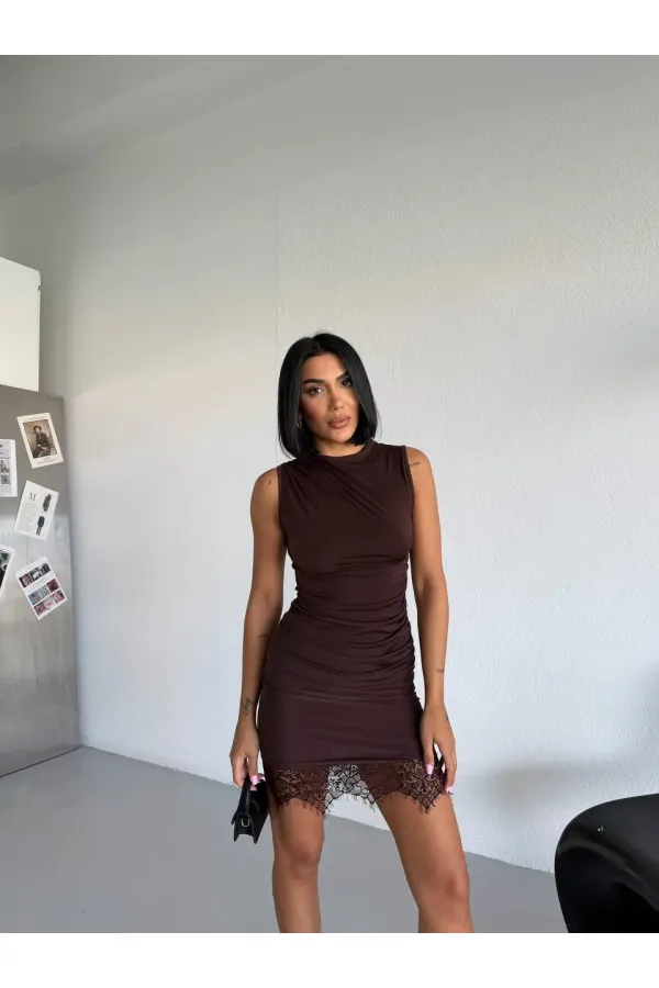 Women's Brown Sleeveless Lace Detail Sandy Mini Dress HZL26S-FRY123921 Women's Brown Sleeveless Lace Detail Sandy Mini Dress HZL26S-FRY123921