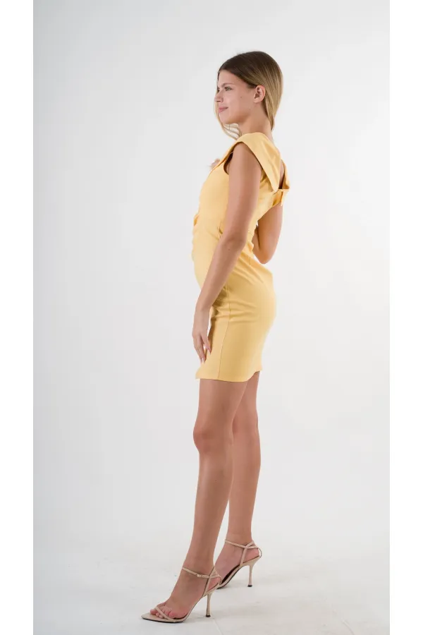 Kadın Sarı V Yaka Yırtmaç Detaylı Kolsuz Elbise HZL24S-YY272