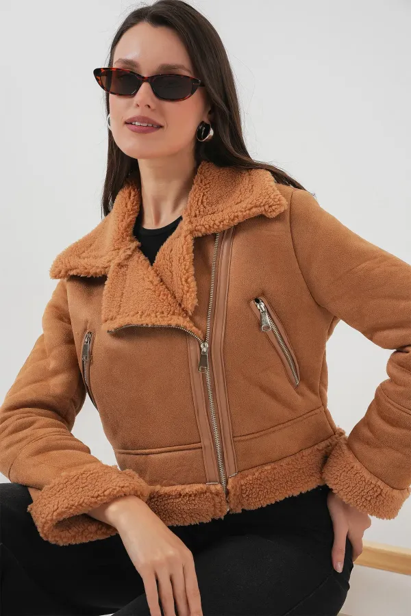 5155 Double-Breasted Faux Fur Leather Jacket - Dark Brown