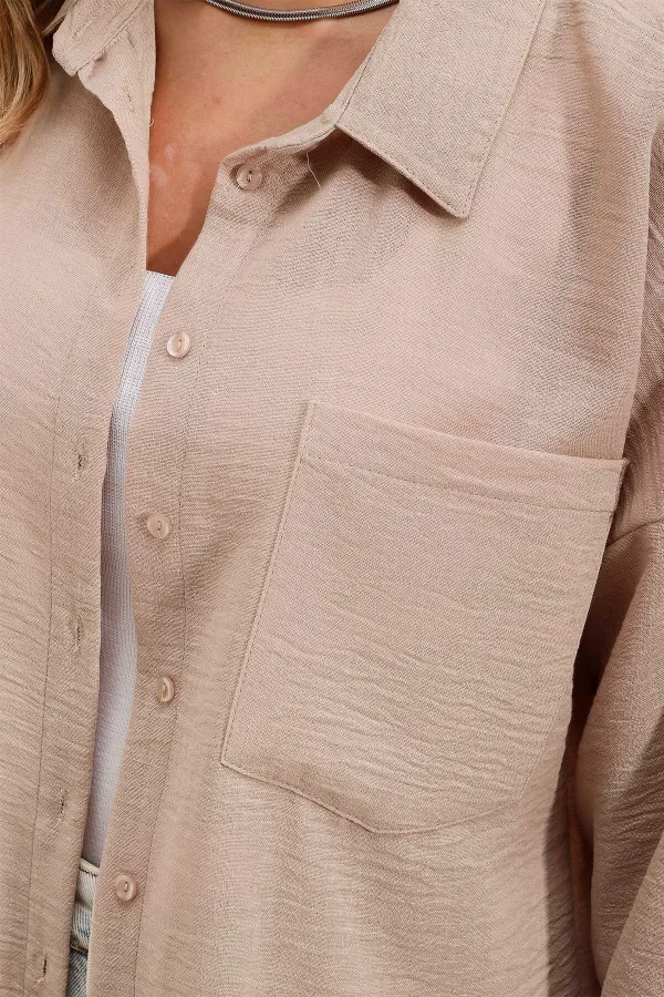 Kadın Bisküvi Tek Cepli Oversize Keten Ayrobin Gömlek HZL24S-BD1201531