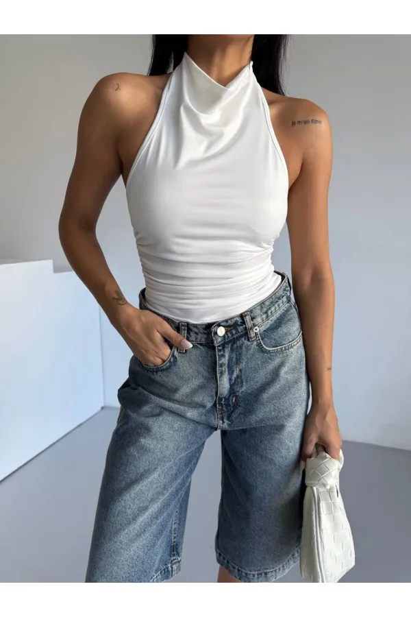 Kadın Beyaz Halter Yaka Sırtı Açık Sandy Bluz HZL25S-FRY123141