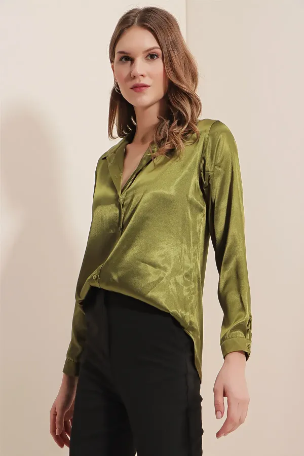 3964 Lightly Draped Satin Shirt - Light Khaki