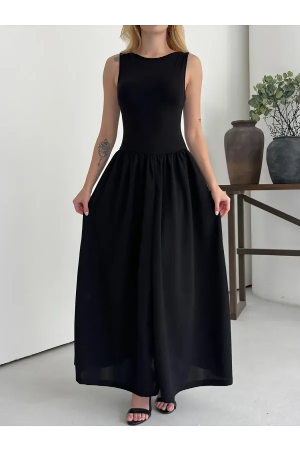 Kadın Siyah Bisiklet Yaka Üstü Esnek Viskon Alt Geniş Poplin Dokuma Kolsuz Elbise HZL26W-DSB1221