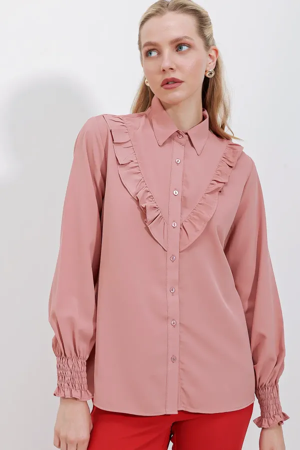 Chemise à manches longues à volants 20223 - Rose poudré