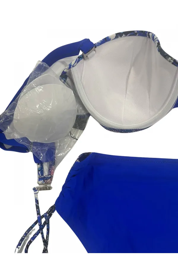 Kadın Mavi Çiçek Desenli Büyük Beden Astarlı Lacivert Bikini Takım HZL25S-LC3301