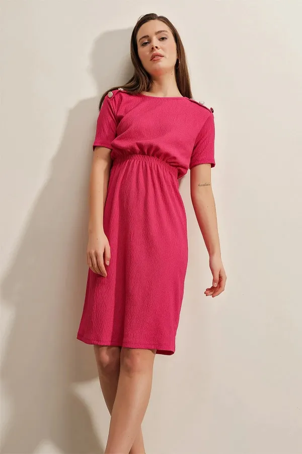 Women's Fuchsia Elastic Waist Button Detailed Casual Knit Dress HZL22S-BD123751