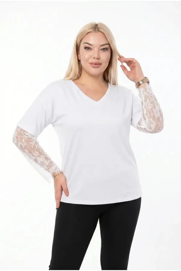 Women's White Plus Size V-Neck Lace Sleeve Blouse HZL26S-ZSS19661 Women's White Plus Size V-Neck Lace Sleeve Blouse HZL26S-ZSS19661