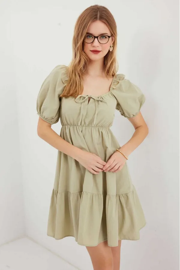 Robe évasée en popeline verte à col froncé et taille élastique pour femme Çağla HZL22S-BD123511