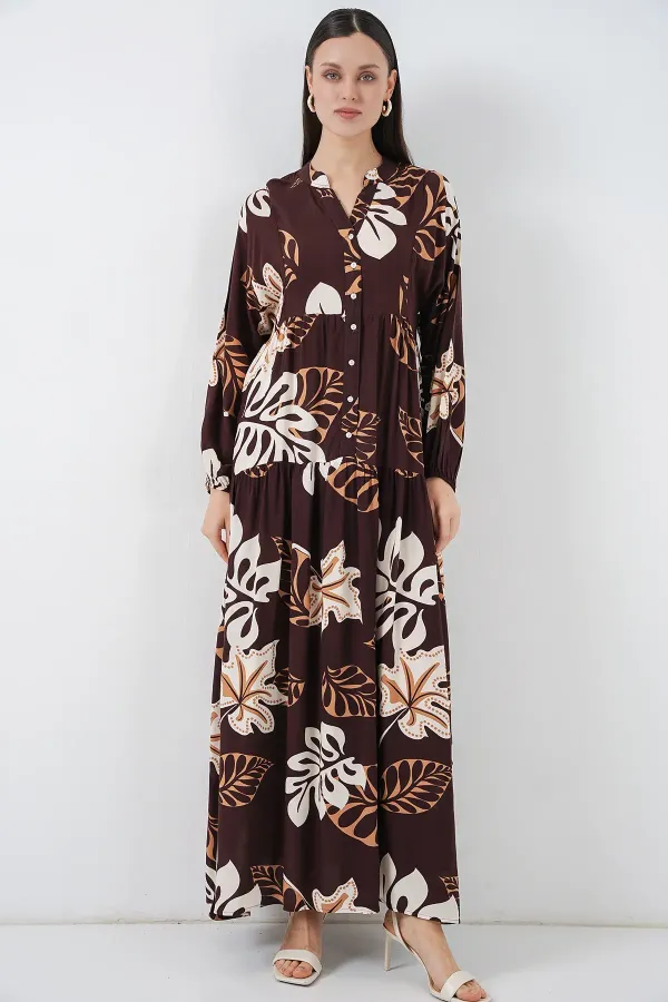 Robe longue hijab à motifs pour femme 2585 - Marron foncé