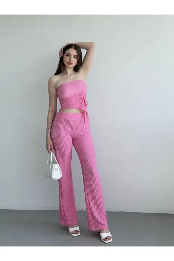 Kadın Pembe Beli Lastilkli Gofre Kumaş Pantolon HZL24S-ZK13261