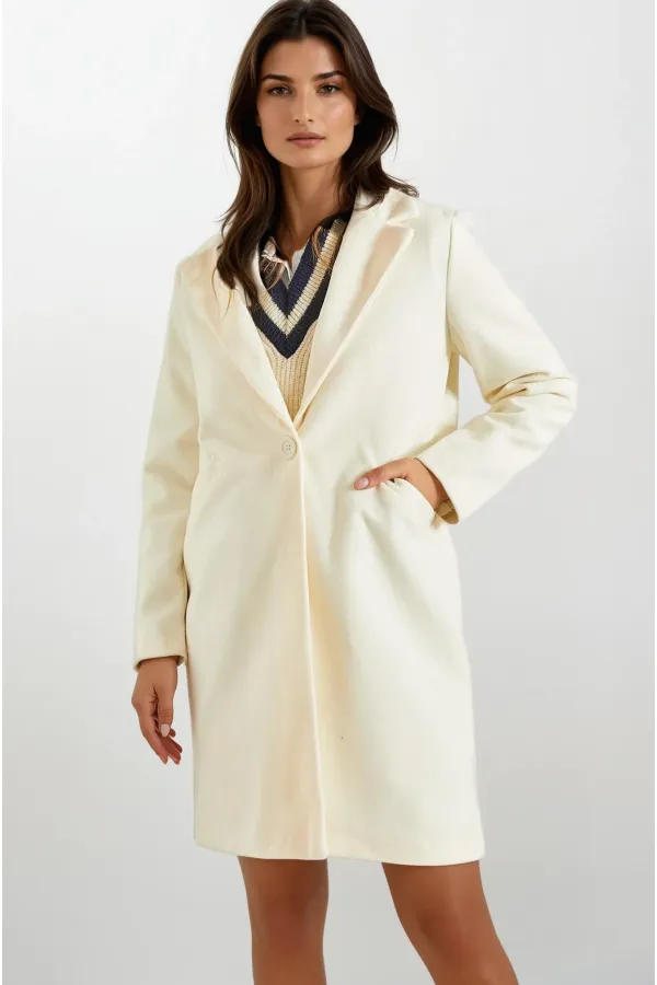 Kadın Ekru Tek Düğmeli Çift Cepli Astarlı Şık Kaşe Kaban HZL23W-BD190851