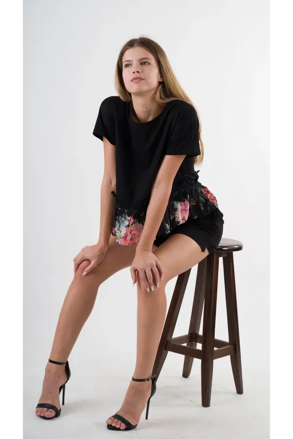 Kadın Siyah Dantel Çiçek Desenli Bisiklet Yaka Bluz HZL24S-YY256