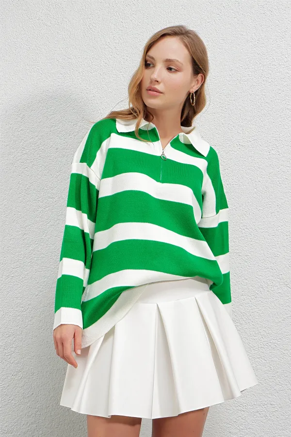 Pull oversize en maille à rayures vertes et col polo pour femme, zippé, HZL23W-BD145121