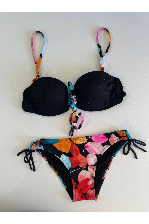 Ensemble bikini doublé brodé de pierres noires pour femme HZL25S-LC207