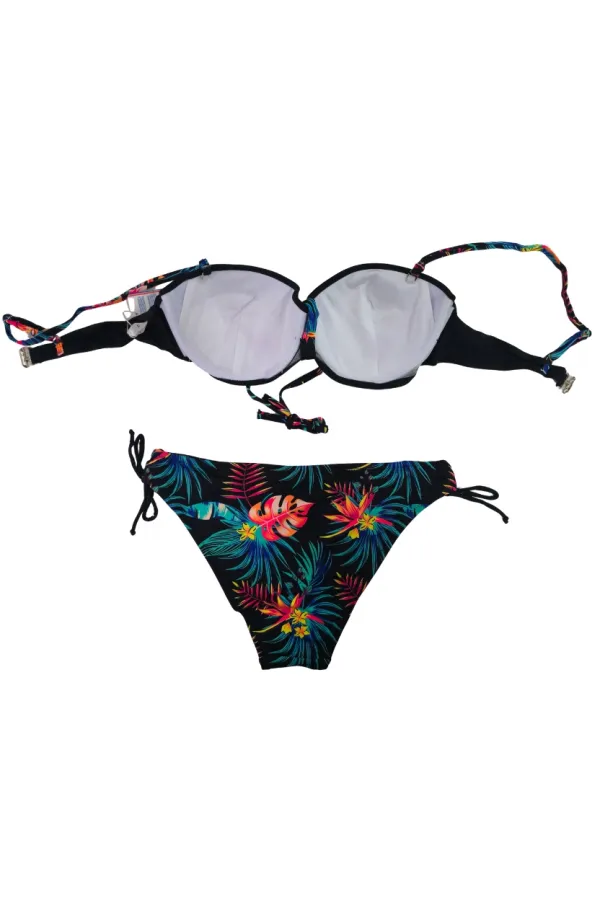 Kadın Siyah Taş İşlemeli Desenli Astarlı Bikini Takım HZL25S-LC209
