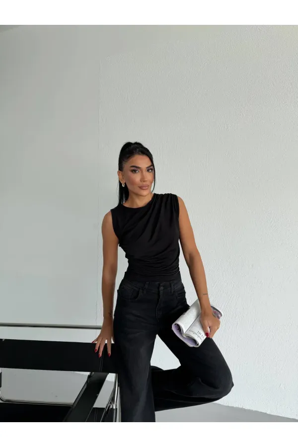 Kadın Siyah Büzgülü Kolsuz Sandy Bluz HZL26W-FRY122751