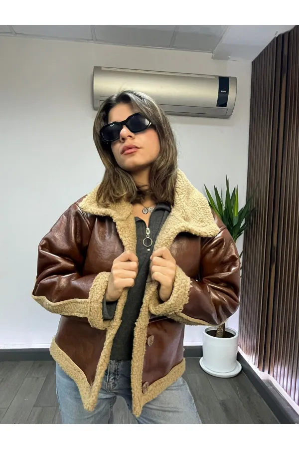 Women's Camel Faux Leather Jacket with Fur Lining and Button Closure HZL23W-BRC129331 Women's Camel Faux Leather Jacket with Fur Lining and Button Closure HZL23W-BRC129331