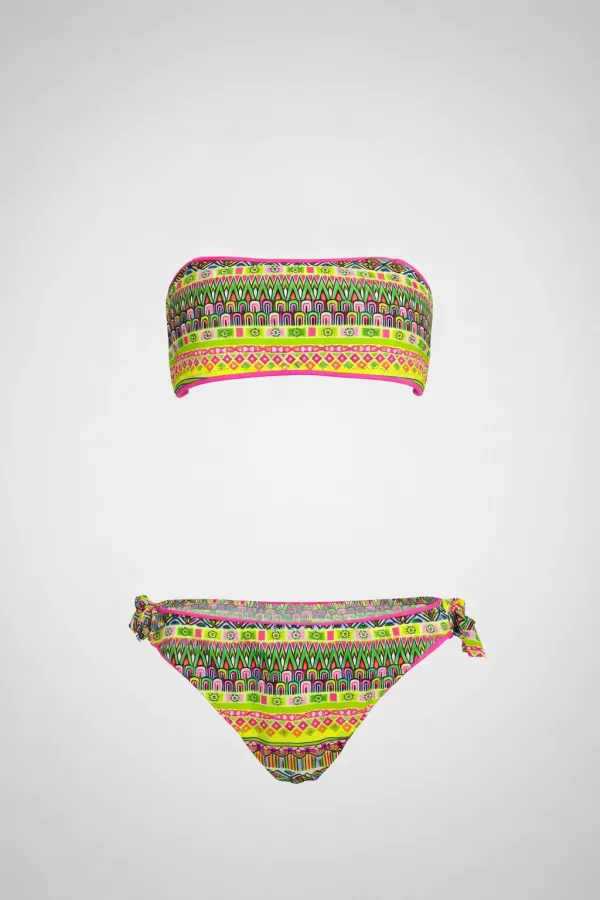 Kız Çocuk Pembe Neon Sarı Çok Renkli Astarlı 4-12 Yaş Straplez Bikini Takım HZL24S-LC6355