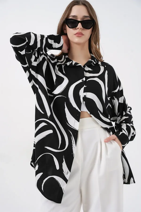 3721 Grafik Desenli Gömlek - F. Siyah