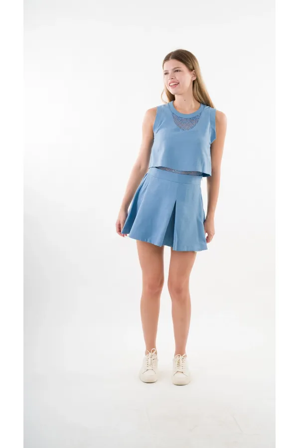 Kadın İndigo Mavi Dantel Desenli Bisiklet Yaka Kolsuz Astarlı Elbise HZL24S-YY10021