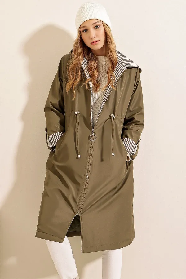 Kadın Haki Beli Büzgülü Kapşonlu Uzun Trençkot HZL22W-BD190911