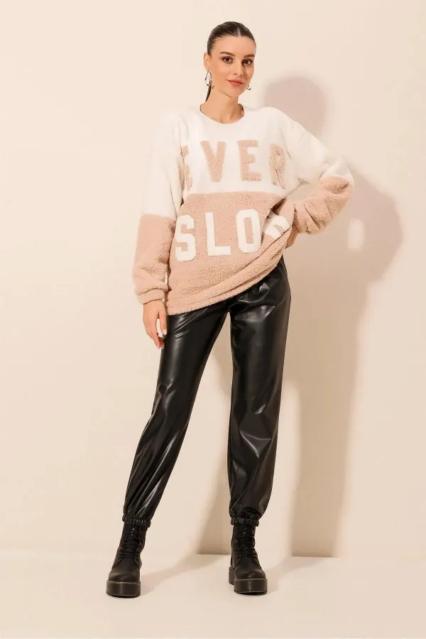 Sweat-shirt confortable en peluche imprimé bloc blanc crème pour femme EVER SLOW HZL23W-BD1554781