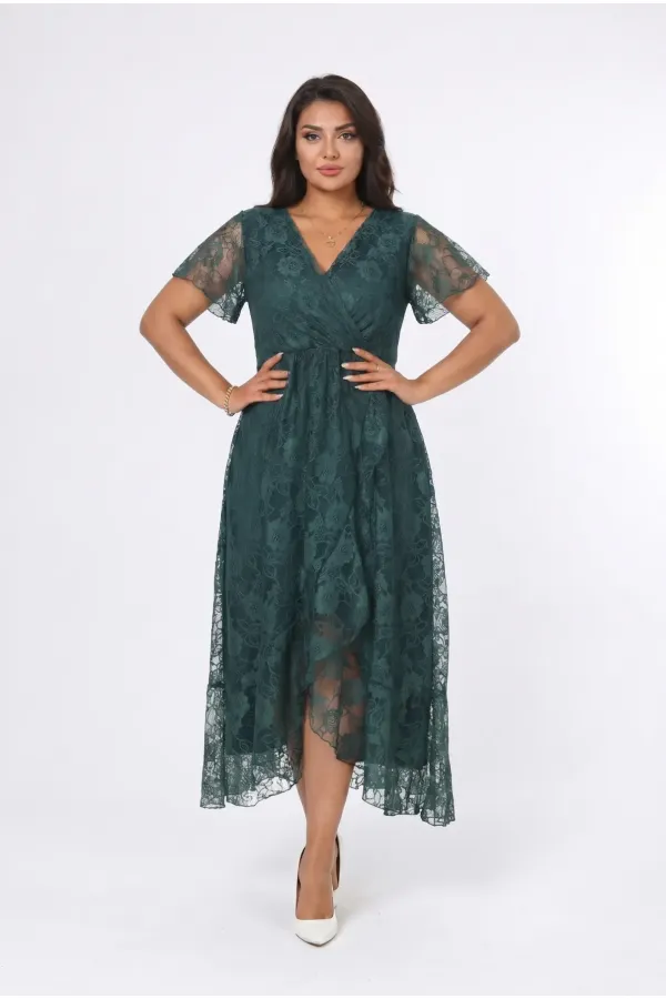Kadın Yeşil Büyük Beden V Yaka Astarlı Dantel Detaylı Şık Abiye Elbise HZL26S-PR11071