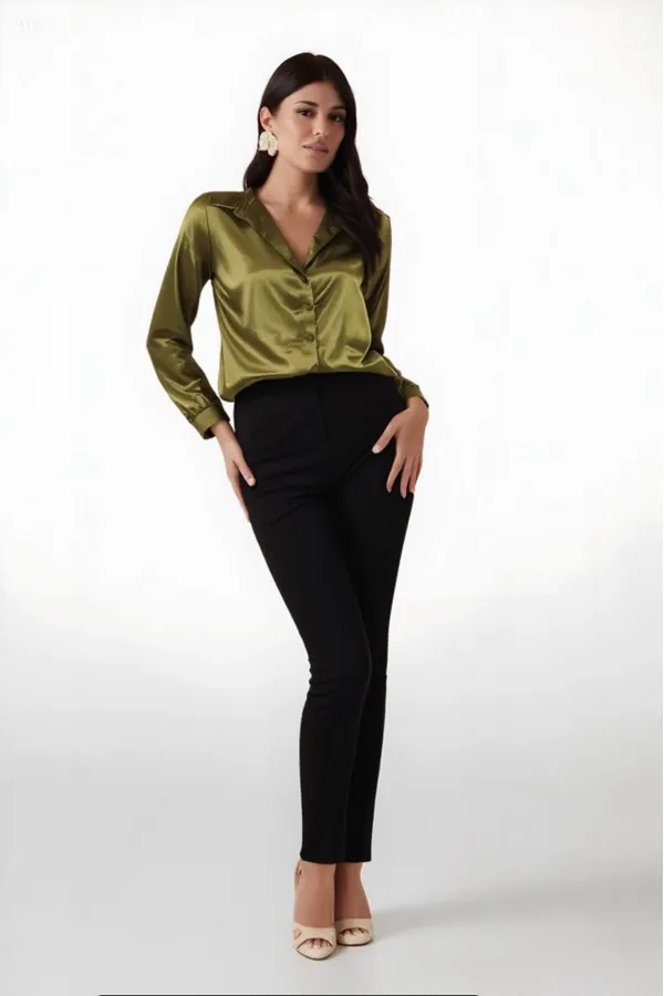 Kadın Yağ Yeşili Hafif Dökümlü Saten Yüzeyli Gömlek HZL22W-BD139641