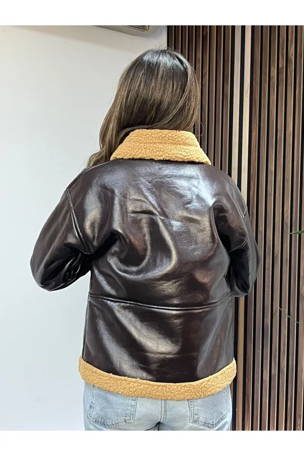 Kadın Acı Kahve İçi Suni Kürklü Önden Düğmeli Suni Deri Mont HZL23W-BRC129311