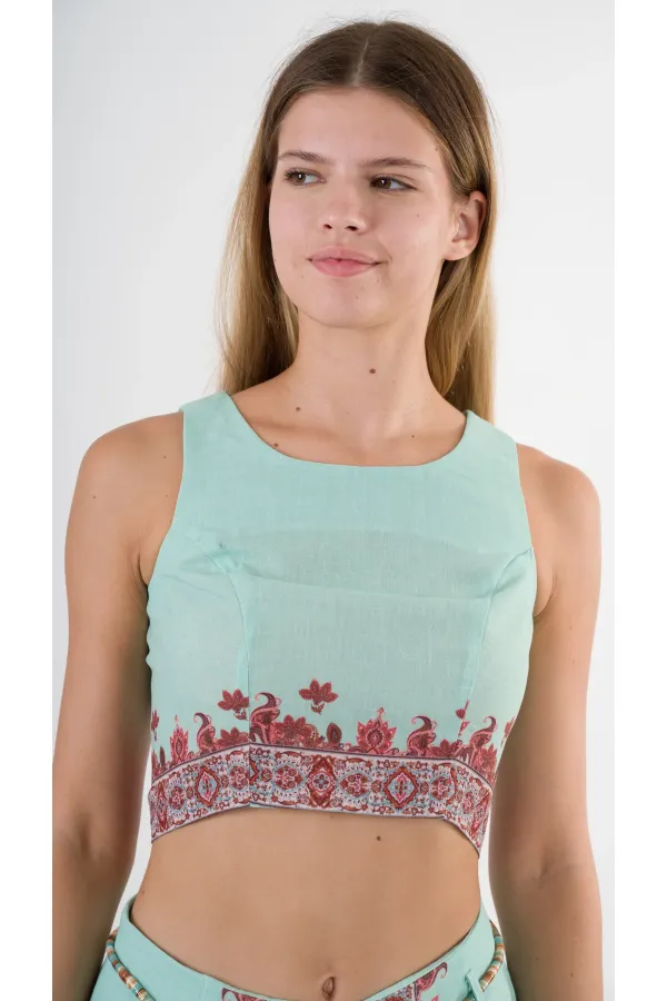 Kadın Su Yeşili Etnik Desenli Beli Kuşaklı Bluz Şort İkili Takım HZL24S-YY261