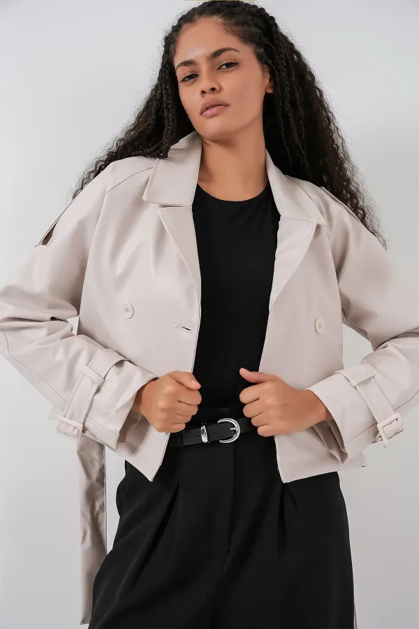 Women's Belted Faux Leather Jacket 1046 - Ecru