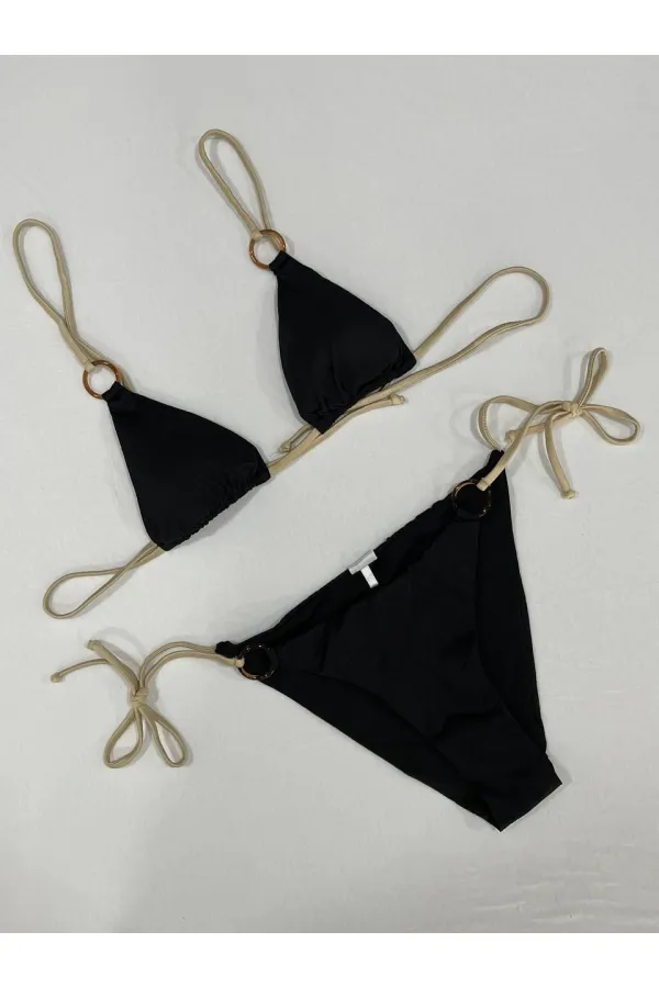 Kadın Siyah Halka Detaylı İp Bağlamalı Astarlı Bikini Takım HZL25S-AR1617