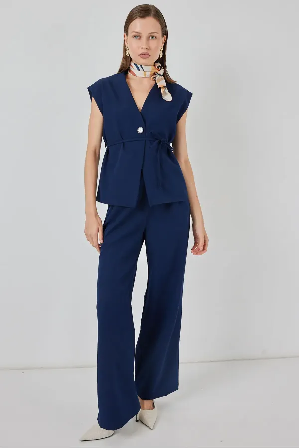 Ensemble gilet et pantalon femme en tissu 30050 - Bleu marine