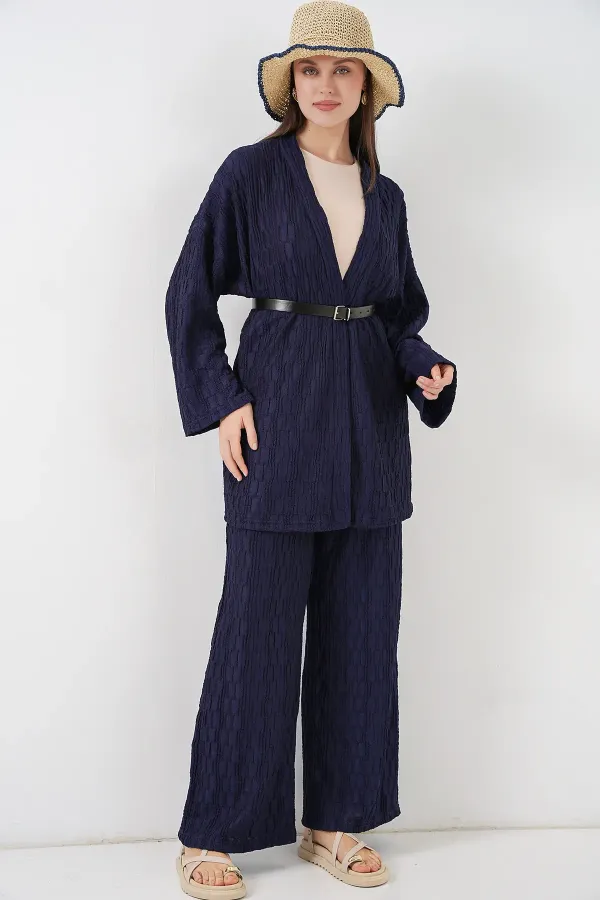 Women's Kimono Pants Two-Piece Set 30078 - Navy Blue