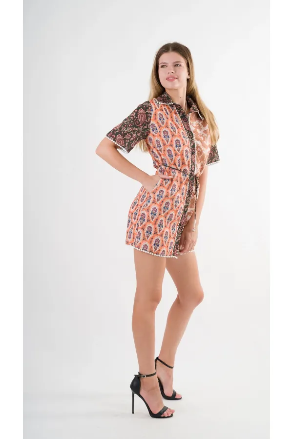 Kadın Kahverengi Sarı İp Kemerli Küpürlü Gömlek Görünümlü Elbise HZL24S-YY237