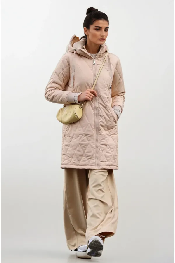 Kadın Krem Kapitone Uzun Şişme Mont HZL22W-BD151381