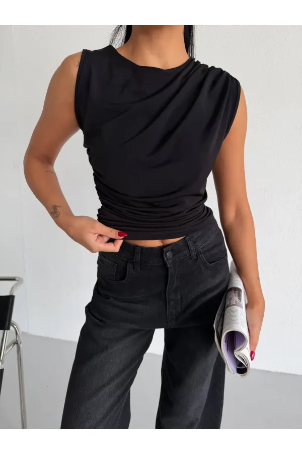 Kadın Siyah Büzgülü Kolsuz Sandy Bluz HZL26W-FRY122751